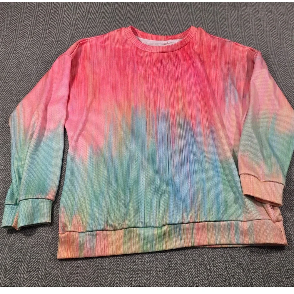 Multicolor Tie Dye Ribbed Texture Sweatshirt Pink Blue Pastel Crewneck Medium